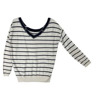 ELLE Sweater S White Navy Glittery Striped V Neck Ring-Accents Long-Sleeve